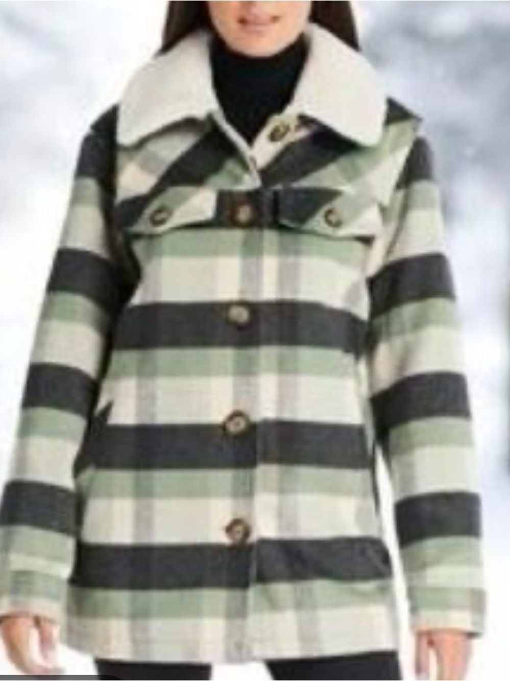 NWT UGG koolaburra  green grey Plaid Wool-Blend Pea Coat with Cream Sherpa large